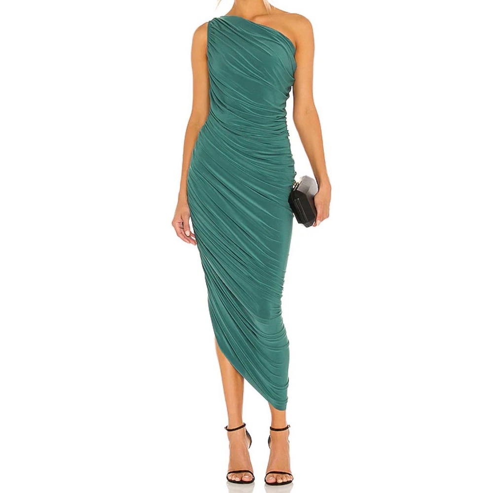 NWT Norma Kamali Diana Gown Mountain Green Ruched One Shoulder Midi Bodysuit M